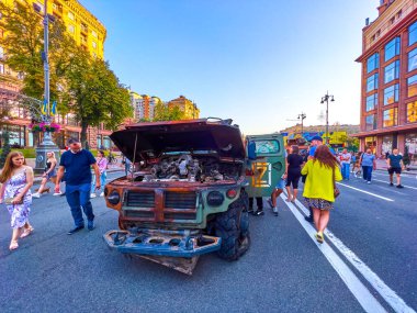 KYIV, UKRAINE - AUGUST 23, 2022: Exploring Tigr military vehicle on outdoor exhibition of destroyed Russian military equipment, on August 24 in Kyiv, Ukraine
