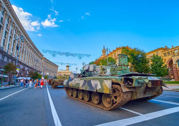 KYIV, UKRAINE - AUGUST 23, 2022: Khreshchatyk avenue with destroyed tanks on exhibition of destroyed Russian military equipment, Independence Day, on August 24 in Kyiv, Ukraine