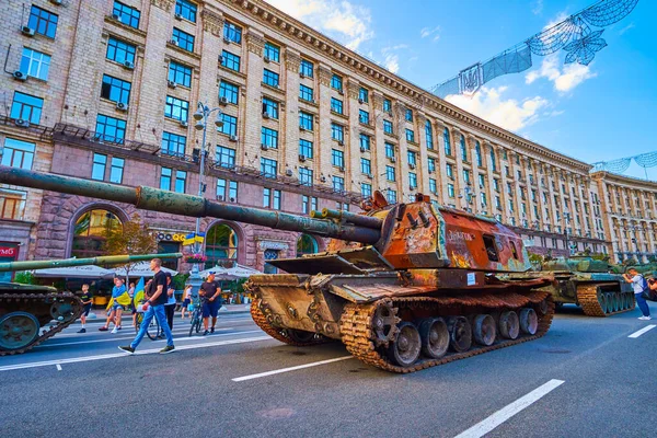 KYIV, UKRAINE - AUGUST 23, 2022: Burnt Russian MSTA artilery vehicle on street exhibition of destroyed Russian military pieces, Independence Day, on August 24 in Kyiv, Ukraine