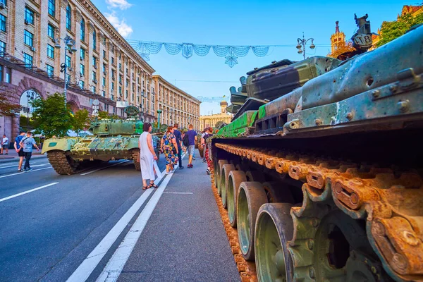 KYIV, UKRAINE - AUGUST 23, 2022: Rusty, burnt and destroyed Russian military vehicles on exhibition of destroyed Russian military vehicles, Independence Day, on August 24 in Kyiv, Ukraine