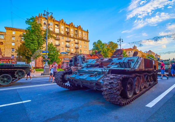 KYIV, UKRAINE - AUGUST 23, 2022: Destroyed Russian military vehicles on Maidan Nezalezhnosti, on August 24 in Kyiv, Ukraine