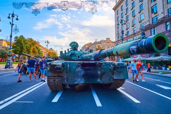 KYIV, UKRAINE - AUGUST 23, 2022: Destroyed Russian tank on Khreshchatyk, Kyiv, Ukraine, on August 24 in Kyiv, Ukraine