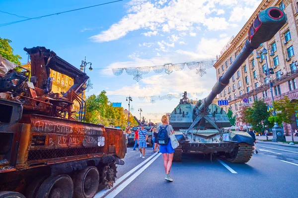KYIV, UKRAINE - AUGUST 23, 2022: Bombed and burnt military vehicle on the exhibition of destroyed Russian military equipment, on August 23 in Kyiv, Ukraine