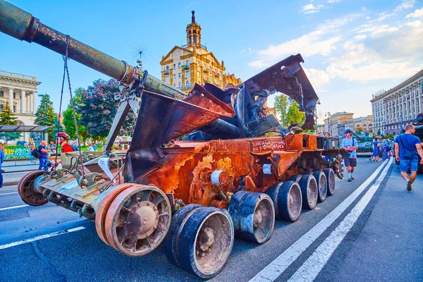 KYIV, UKRAINE - AUGUST 23, 2022: Exhibition of destroyed Russian military equipment on Khreshchatyk Avenue, on August 23 in Kyiv, Ukraine