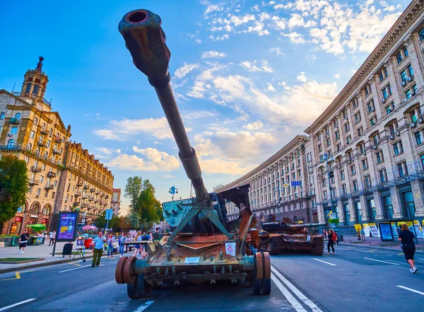 KYIV, UKRAINE - AUGUST 23, 2022: Rusty tanks on exhibition of destroyed Russian military equipment due to Independence Day, Khreshchatyk Avenue, on August 24 in Kyiv, Ukraine