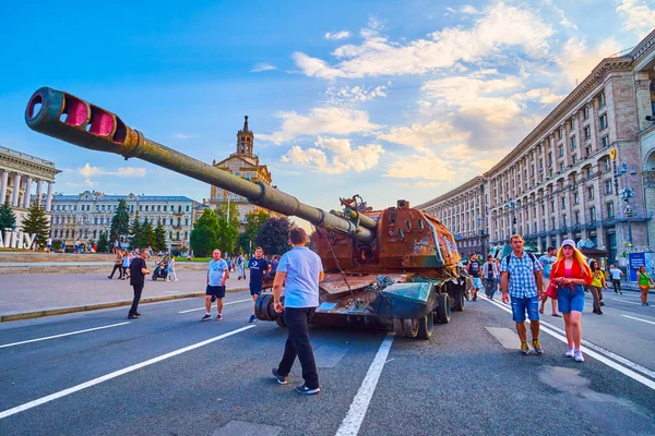 KYIV, UKRAINE - AUGUST 23, 2022: Rusty and bombed Msta self-propelled artillery on the exhibition of destroyed Russian military vehicles on Independence Square, on August 24 in Kyiv, Ukraine