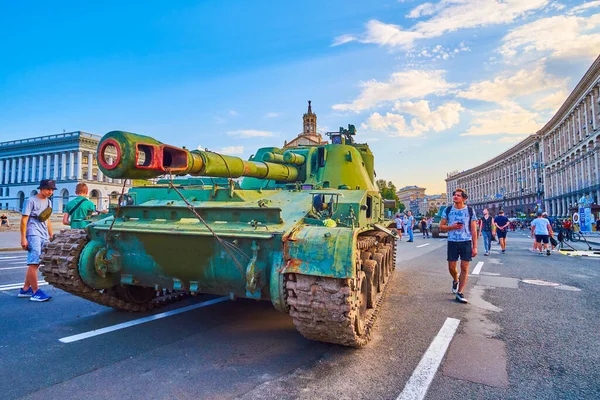 KYIV, UKRAINE - AUGUST 23, 2022: Destroyed Russian tank on Khreshchatyk Avenue on the exhibition of captured, burnt, bombed and destroyed Russian military equipment, on August 24 in Kyiv, Ukraine
