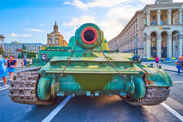 KYIV, UKRAINE - AUGUST 23, 2022: Captured Russian tank on exhibition of destroyed Russian military equipment and vehicles, Independence Day, on August 24 in Kyiv, Ukraine