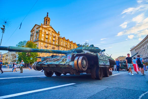 KYIV, UKRAINE - AUGUST 23, 2022: Parade of captured, burnt, bombed, destroyed Russian military equipment, on August 23 in Kyiv, Ukraine