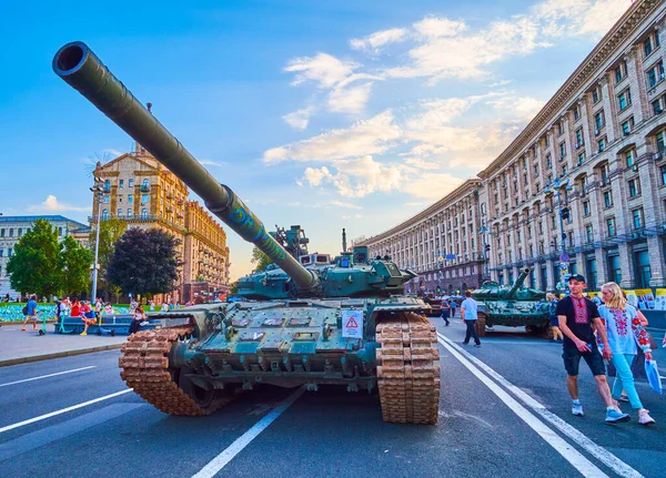 KYIV, UKRAINE - AUGUST 23, 2022: Captured Russian tank on street exhibition of destroyed Russian military vehicles during Independence Day, on August 24 in Kyiv, Ukraine