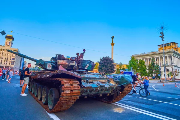 KYIV, UKRAINE - AUGUST 23, 2022: Parade of destroyed Russian military equipment on Khreshchatyk avenue, on August 23 in Kyiv, Ukraine