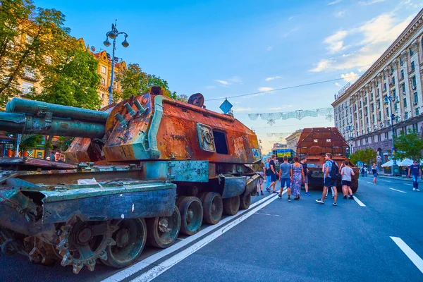 KYIV, UKRAINE - AUGUST 23, 2022: Broken tanks, howitzers, self-propelled artillery pieces on the exhibition of destroyed Russian military vehicles, on August 23 in Kyiv, Ukraine