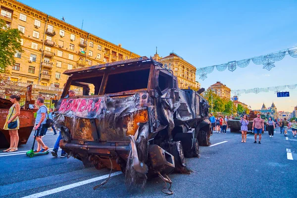 KYIV, UKRAINE - AUGUST 23, 2022: Khreshchatyk Avenue during the exhibition of destroyed Russian military equipment, on August 24 in Kyiv, Ukraine
