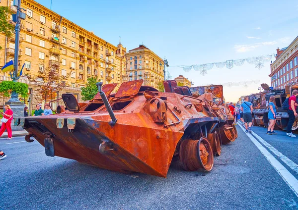 KYIV, UKRAINE - AUGUST 23, 2022: Burnt Russian military vehicles, Independence Day, Kyiv, Ukraine, on August 24 in Kyiv, Ukraine