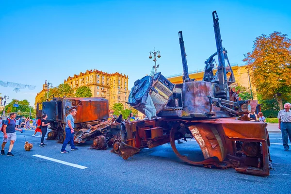 KYIV, UKRAINE - AUGUST 23, 2022: Bombed and burnt Pantsir missile system on the exhibition of destroyed Russian military vehicles, on August 23 in Kyiv, Ukraine