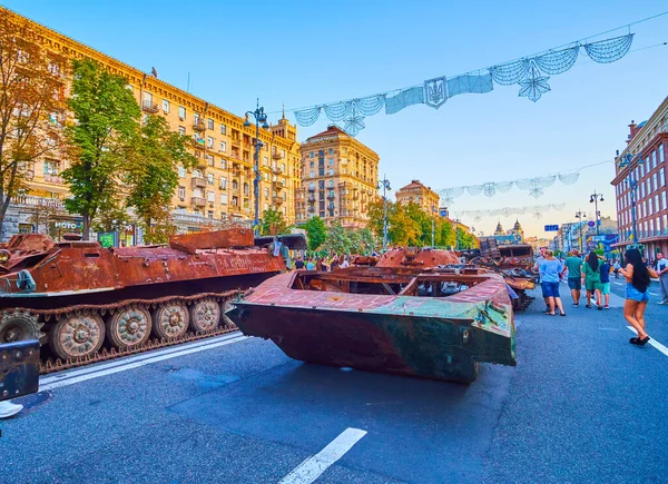KYIV, UKRAINE - AUGUST 23, 2022: Destroyed Russian military equipment on Independence Square, on August 24 in Kyiv, Ukraine