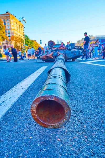 The burnt and rusty tank tower on exhibition of destroyed Russian military equipment, Kyiv, Ukraine