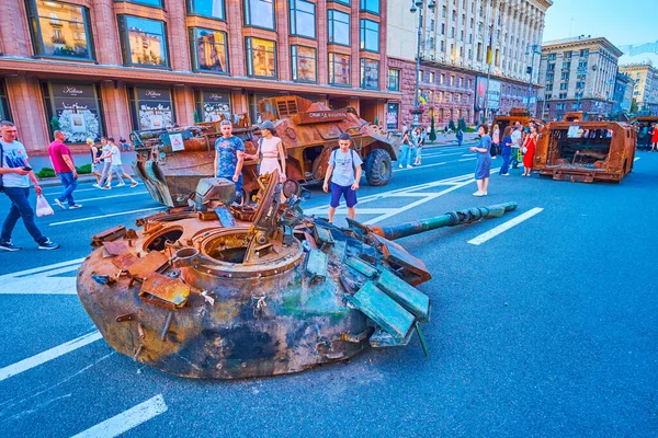 KYIV, UKRAINE - AUGUST 23, 2022: The rusty burnt tank tower on the exhibition of destroyed Russian military equipment, on August 23 in Kyiv, Ukraine