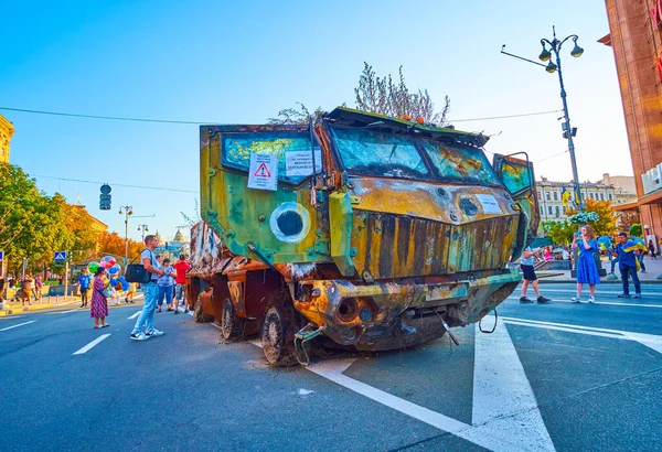 KYIV, UKRAINE - AUGUST 23, 2022: Burnt Russian military vehicle on exhibition, on August 23 in Kyiv, Ukraine
