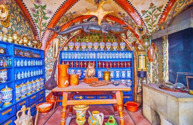 LUCERNE, SWITZERLAND - MARCH 30, 2022: The interior of Alte Suidtersche Apotheke, the oldest pharmacy in the city, on March 30 in Lucerne, Switzerland