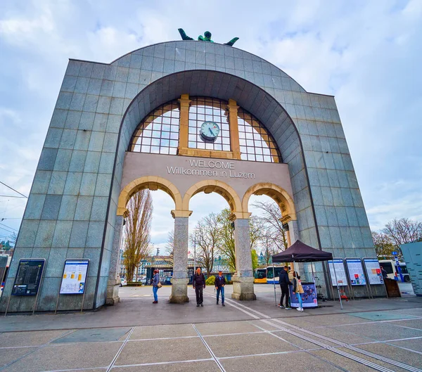 Lucerne Switzerland March 2022 Modern Backside Historical Arch Welcoming Sign — Stock Photo, Image