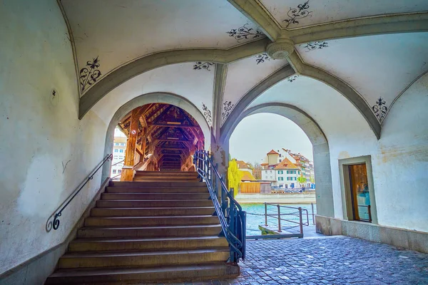 Entrance Medieval Spreuerbrucke Bridge Lower Floor Historical Building Pfistergasse Street — Stock Photo, Image