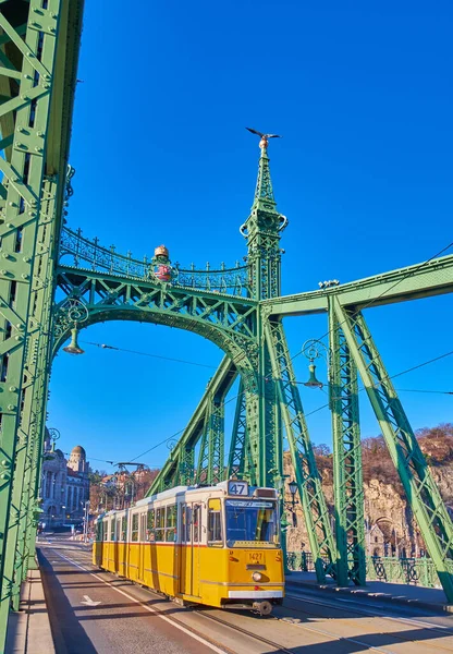The classic vintage tram  is a visit card of Budapest, connecting Buda and Pest districts, riding the Liberty Bridge, Hungary