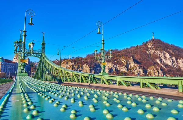 Groene Art Nouveau Liberty Bridge Vrijheidsbrug Donau Met Rotsachtige Gellert — Stockfoto