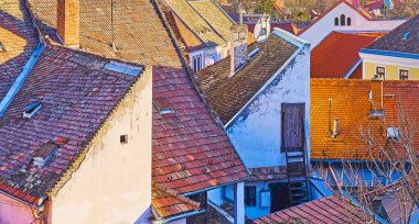 Castle Hill, Szentendre, Macaristan 'daki eski kasaba evlerinin kırmızımsı kiremit çatıları.