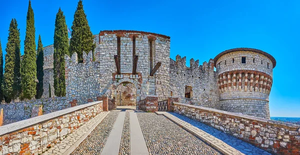 Panorama Met Ponte Levatoio Brug Poort Prigionieri Toren Van Brescia — Stockfoto