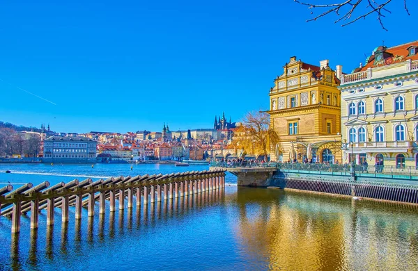 Outdoor Restaurants Smetana Embankment Wooden Icebreakers Vltava River Prague Czech — Stock Photo, Image