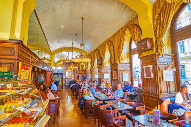 VIENNA, AUSTRIA - 17 Şubat 2019: 17 Şubat 'ta Avusturya' nın Viyana kentinde bulunan Cafe Schwarzenberg 'in Klasik İçişleri