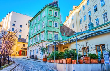 VIENNA, AUSTRIA - 17 Şubat 2019: Molker Bastei, 17 Şubat 'ta Avusturya' nın Viyana kentinde, Innere Stadt ilçesinde korunmuş ortaçağ evleri ve rahat restoranları olan küçük bir bölgedir.