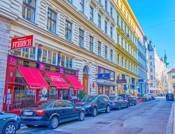 Viena Austria Febrero 2019 Calle Fuhrichgasse Con Líneas Restaurantes Tiendas — Foto de Stock