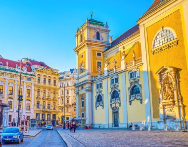 VIENNA, AUSTRIA - 17 Şubat 2019: Tarihi Schottenkirche Kilisesi, Viyana, Avusturya