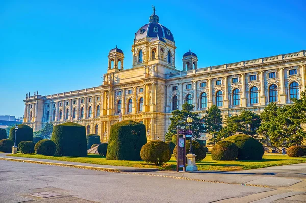 奥地利维也纳Maria Theresien Platz郁郁葱葱的观赏园自然历史博物馆建筑 — 图库照片