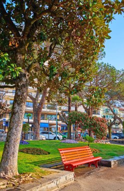 Maggiore Gölü, Locarno, İsviçre kıyısındaki güzel yeşil bir parktaki parlak kırmızı ahşap bank.