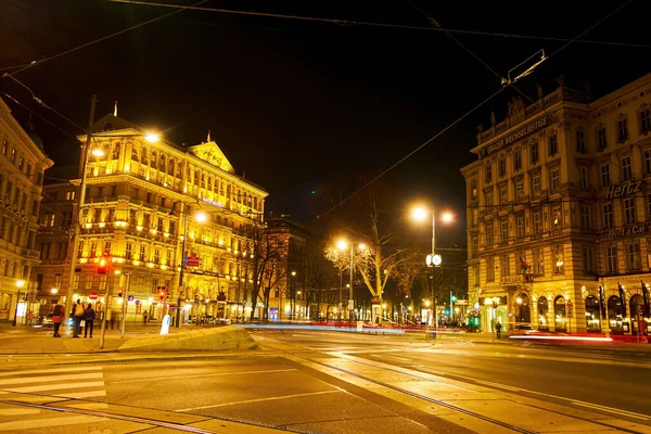 Vienna Österrike Februari 2019 Ringstrasse Med Omgivande Byggnader Nattbelysning Februari — Stockfoto
