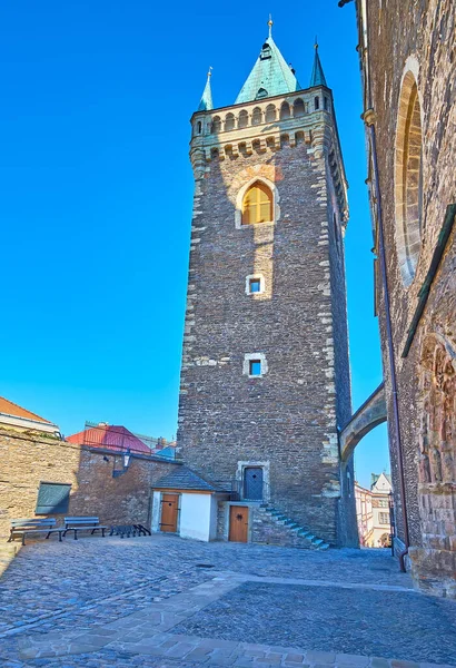Campanile Medievale Pietra Chiesa San Bartolomeo Sono Collegati Con Piccolo — Foto Stock