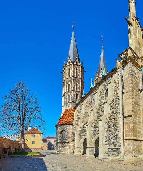 Régi Kőudvar Gótikus Szent Bertalan Templom Kolin Cseh Köztársaság — Stock Fotó
