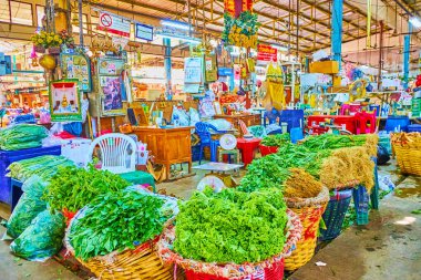 BANGKOK, THAILAND - 23 Nisan 2019: Wang Burapha Phirom tarım pazarındaki sebze, yeşillik ve bitki yığınları, 23 Nisan 'da Tayland' ın Bangkok kentinde