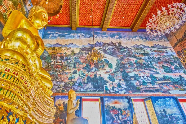 Bangkok Thailand 2019年4月23日 4月23日在泰国曼谷举行的Wat Bowonniwet Vihara神龛形象馆墙上的绘画 — 图库照片