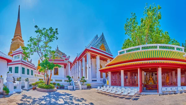 Vue Panoramique Sur Temple Wat Bowonniwet Vihara Avec Sanctuaires Chedi — Photo