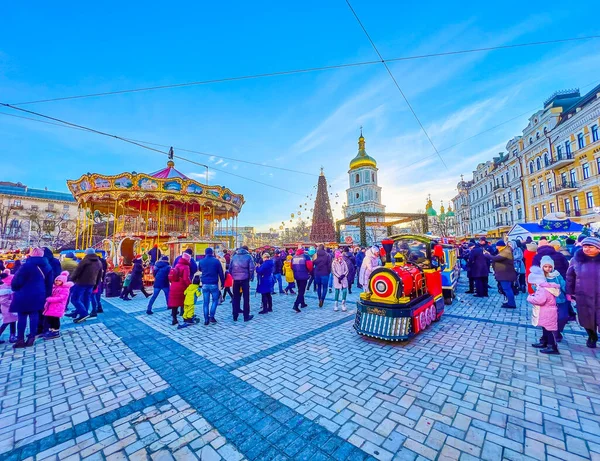 Kyiv Ukraine January 2022 Colored Tourist Train Riding Christmas Tree — Stock Photo, Image