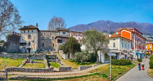 Panorama Locarno Old Town Medieval Visconti Castle Stone Ruins Foreground — Stock Photo, Image