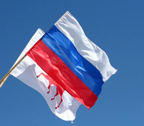 Russian flag on a pole against blue sky — Stock Photo, Image