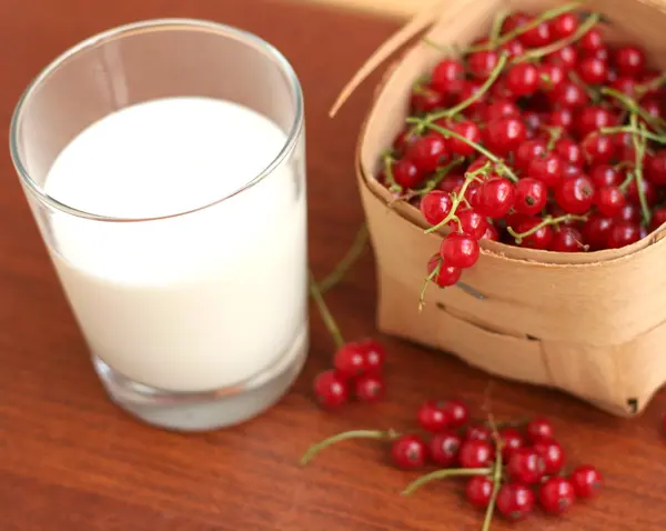 Rode bessen en glas melk — Stockfoto