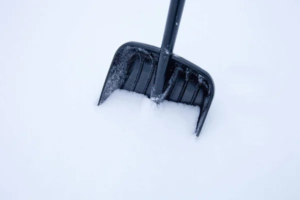 Czarny Plastikowy Łopata Usuwania Śniegu Zimie — Zdjęcie stockowe