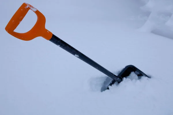 Черная Пластиковая Лопата Уборки Снега Зимой — стоковое фото