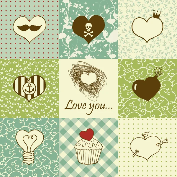 Stylish set of nine hearts — Stock Vector